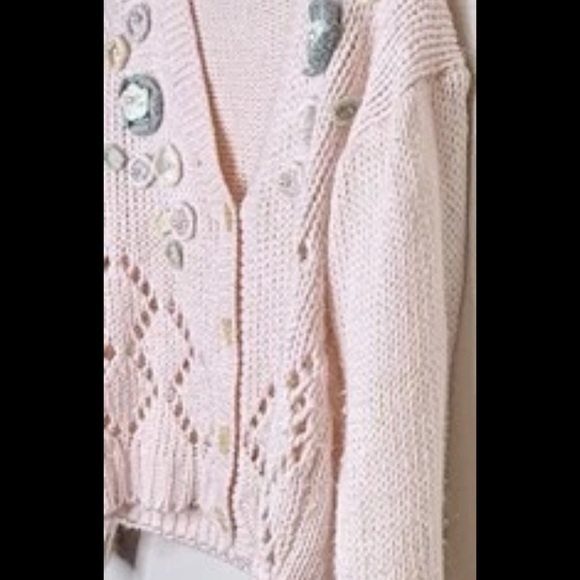 Vintage Knit Peach Embroidered Floral Cardigan Sweater M V-Neck Long Sleeves - Picture 3 of 6
